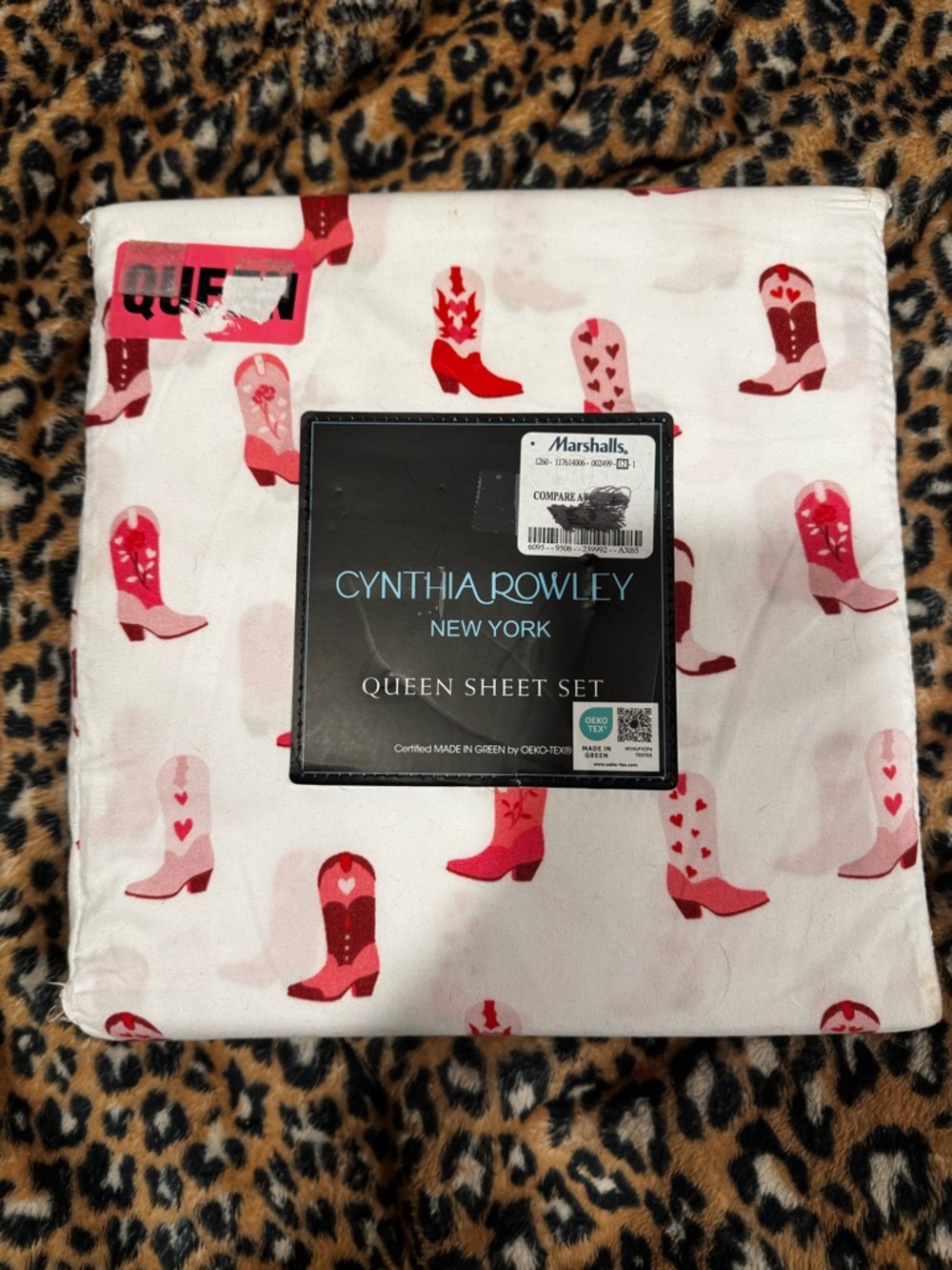 Cynthia Rowley White Sheet Set with Pink and Red Cowboy Boot Print
